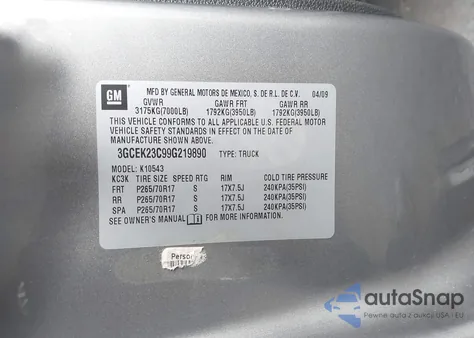 2009 Chevrolet Silverado 1500 Lt z USA, uszkodzony, nr VIN 3GCEK23C99G219890